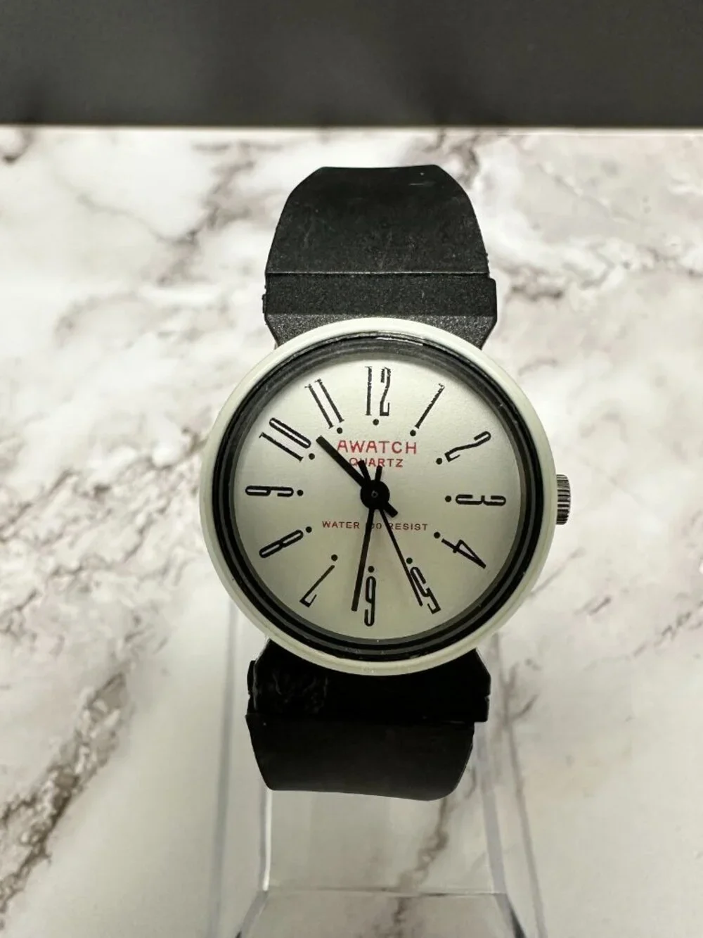 3/$30 AWATCH Womens Watch White Dial 24MM  Black Resin Band New Battery 8.5